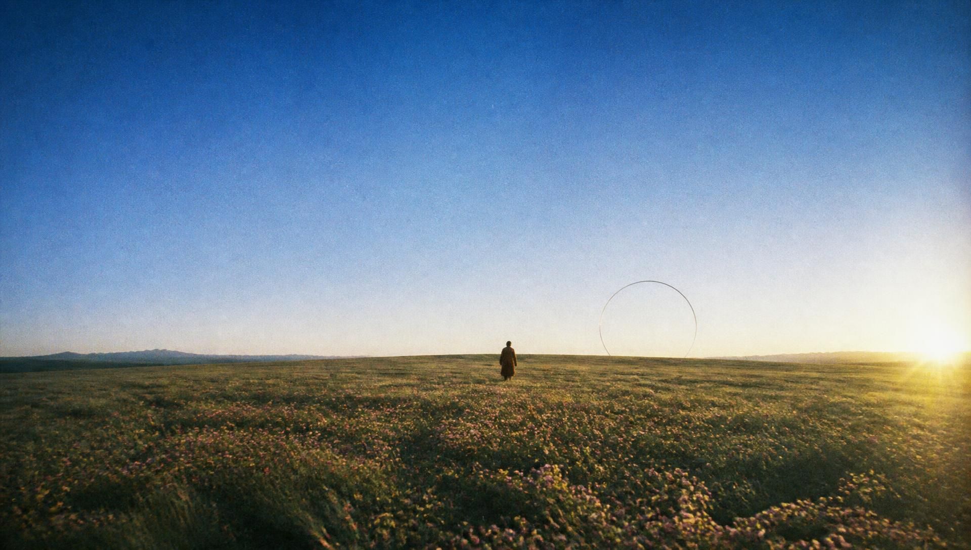 A solitary figure crossing a wildflower field toward a distant circular form